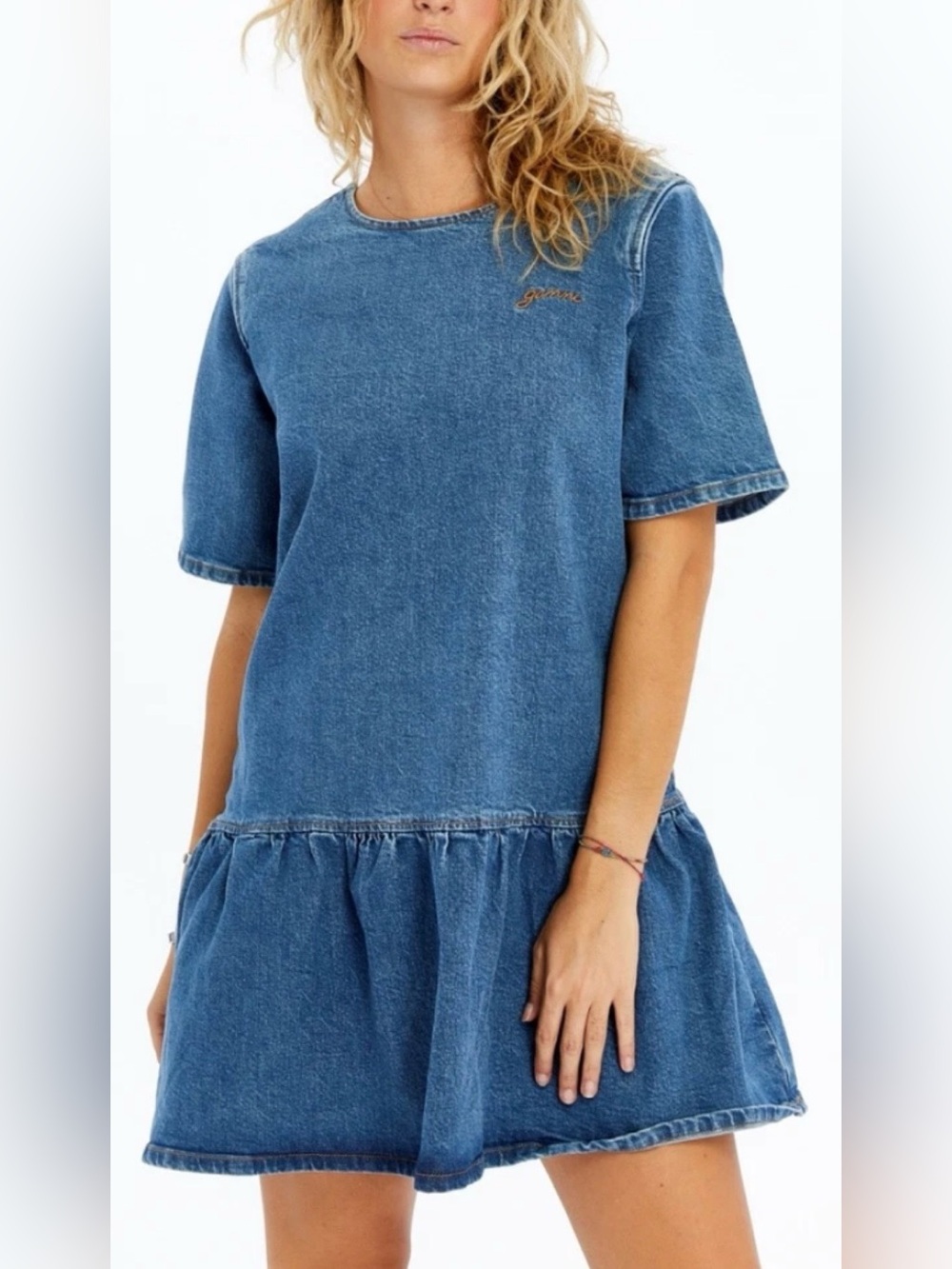 NEW Ganni Blue Denim Ruffle-Hem Short Sleeve Dress with Gold Chest Logo